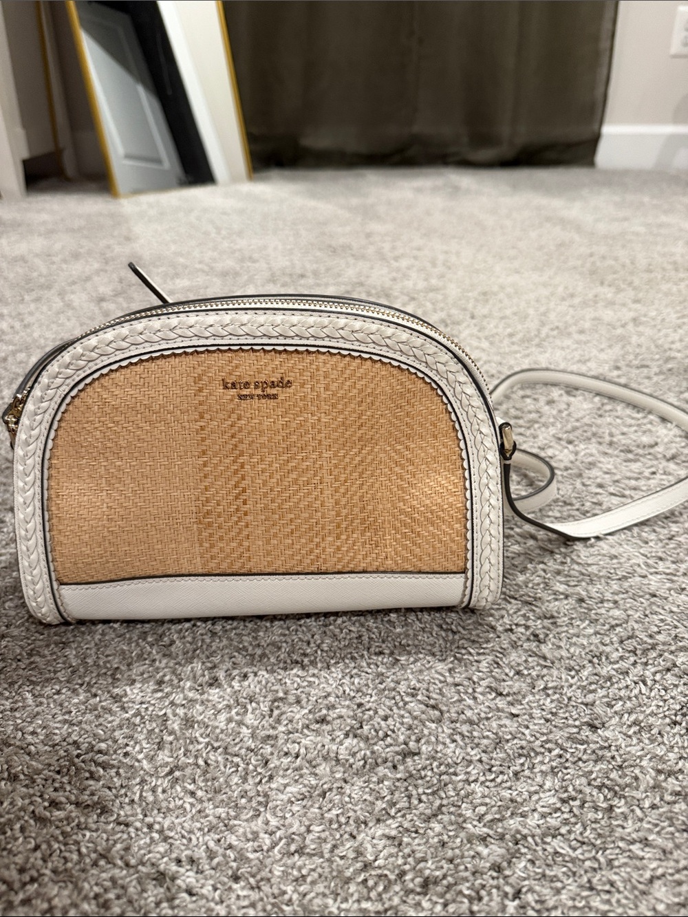 kate spade White and Tan Woven Dome Crossbody Purse